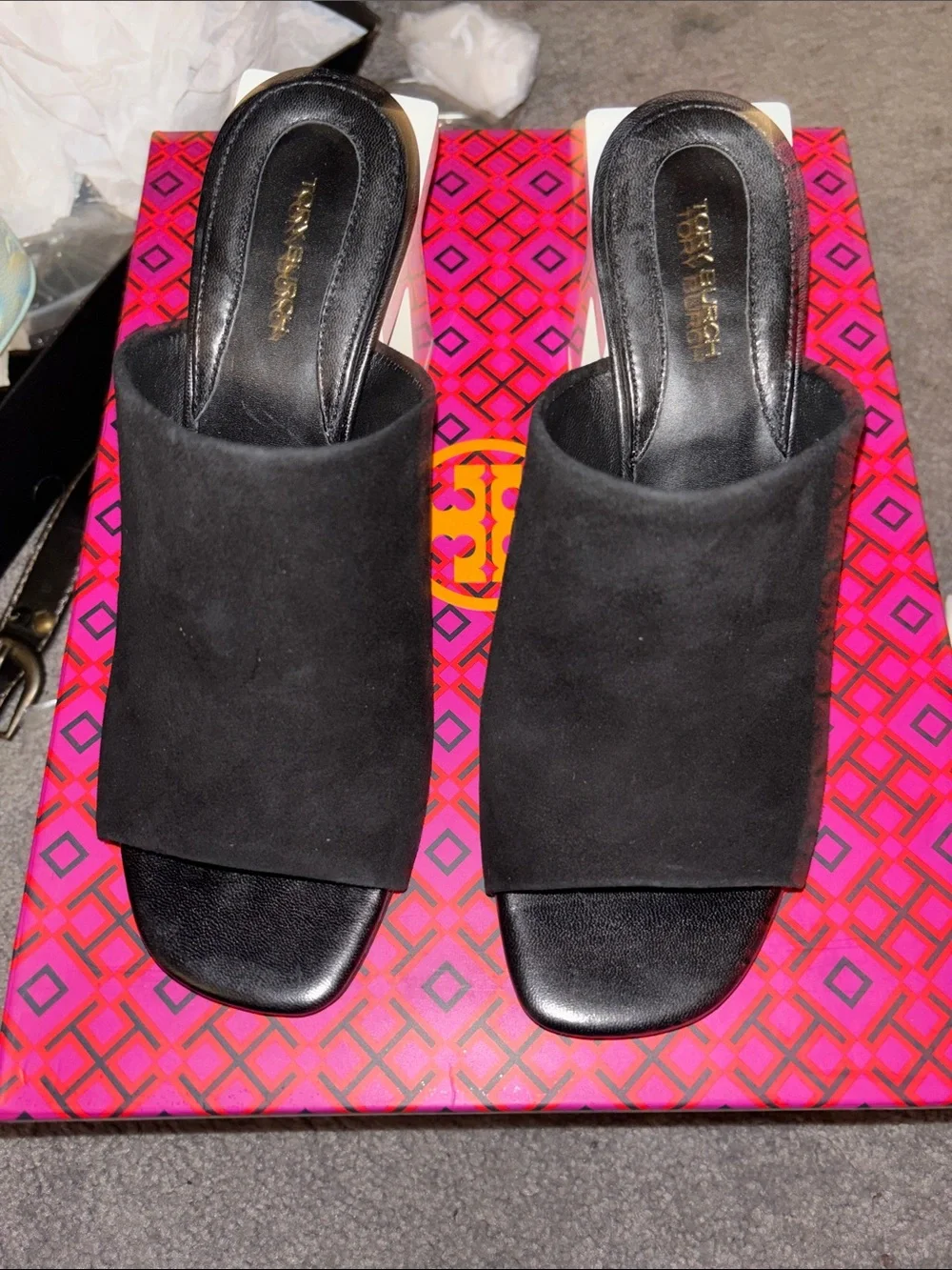 Tory Burch Black Suede Open-Toe Mule Slides